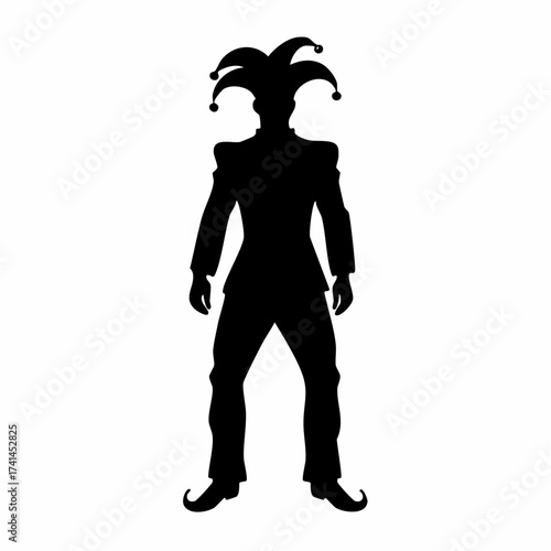 Silhouette of a jester character with a distinctive cap, standing upright in a formal suit