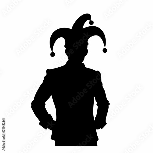 Silhouette of a Person in a Jester's Costume with Hands on Hips, Ready for Play or Mischief
