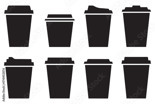 Set of different paper Coffee cups take away. Various disposable cups of coffee to go. Vector Black silhouettes. with white background