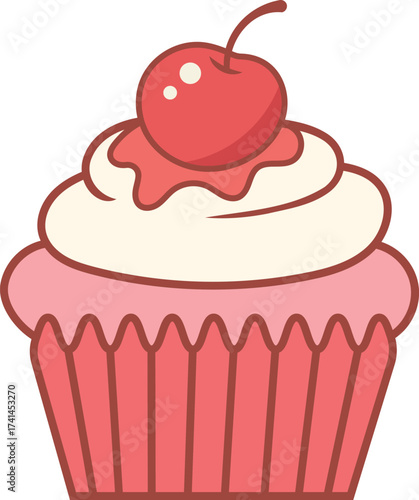 Delicious pink cupcake with creamy frosting and a cherry on top