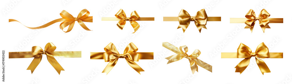 Fototapeta premium PNG Elegant golden ribbon bows collection, element set on transparent background