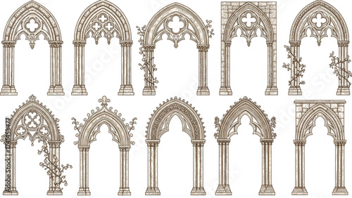 Hand-drawn ornate vintage Gothic arch designs with intricate tracery. Ideal for historical projects, fantasy art, elegant invitations, brochures, and 