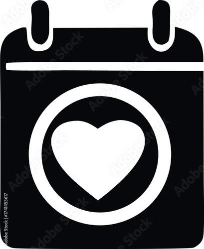 Simple calendar icon with white heart symbol inside circle graphic design element for date planning and events
