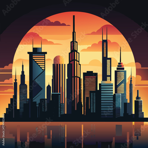 Colorful cityscape at sunset with skyscrapers reflecting in water surface