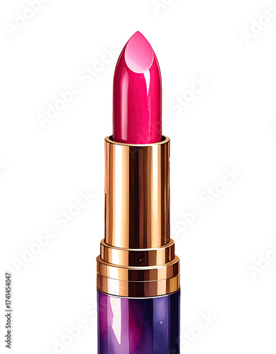 Close-up of a vibrant fuchsia lipstick in a gold-toned casing with a purple-and-gold design