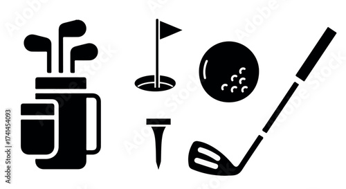 Golf equipment silhouette icon set with clubs, bag, ball, tee, flag, and hole