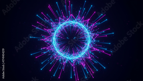 Glowing neon abstract digital network in blue and pink, ideal for tech presentations, data visualization, website backgrounds, and modern marketing vi