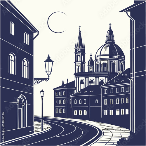 Monochrome city street with buildings and church under a moonlit sky