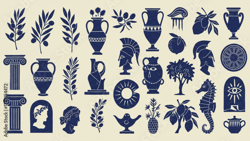 Distressed indigo vector set of ancient Greek and Roman cultural elements: amphoras, olive branches, columns, busts, and symbolic motifs. Ideal for hi