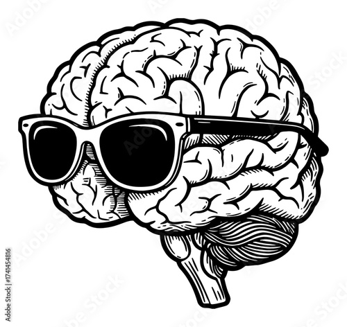 Detailed human brain wearing cool retro sunglasses Black and White Outline Line Art Drawing