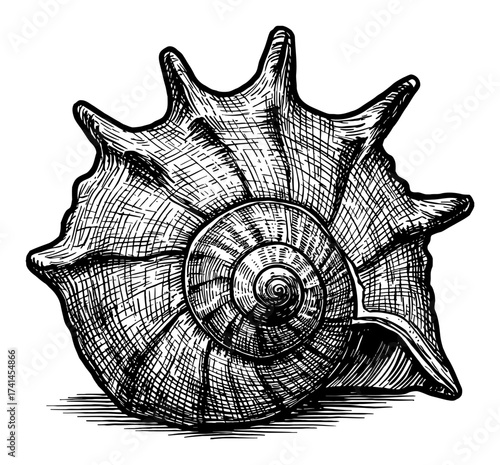 Decorative Detailed Marine Conch Shell Black and White Outline Line Art Drawing Nautical Isolated Object