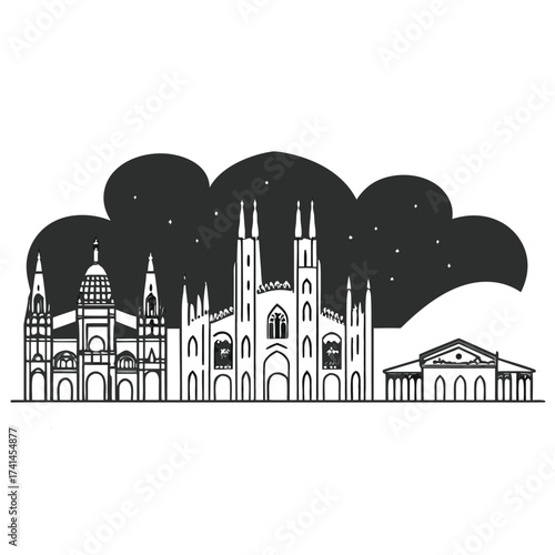 Black and white skyline illustration of milan
