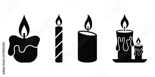 Candle icon black silhouette vector illustration isolated on white background. Silhouette of candle with a flame, often used in birthday celebrations. Vector illustration. EPS 10
