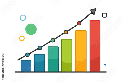 Business chart with rising arrow. Infographic template for data visualization. Growth diagram with 6 steps. Financial report graph for presentation. Success and progress concept.
