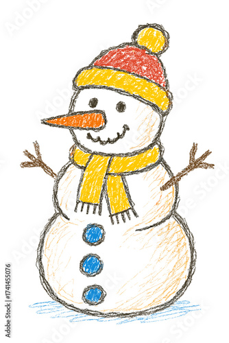 Colorful childish drawing of a happy snowman with orange scarf and yellow hat made with crayons or pencils - Used in Christmas decor winter cards and festive materials