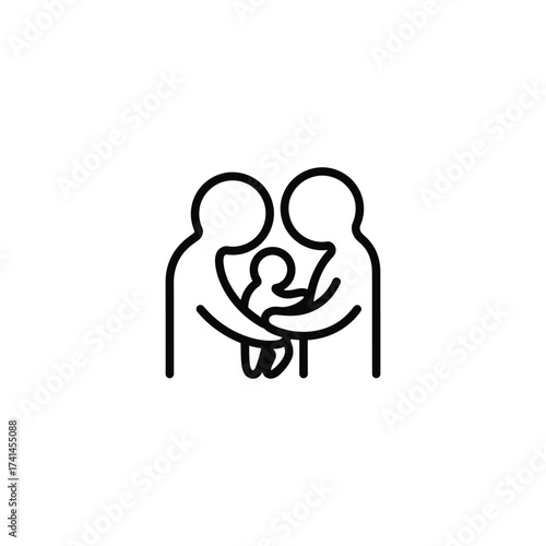 Minimalist line art of a family with parents holding their baby symbolizes love, care, and the bond of parenthood