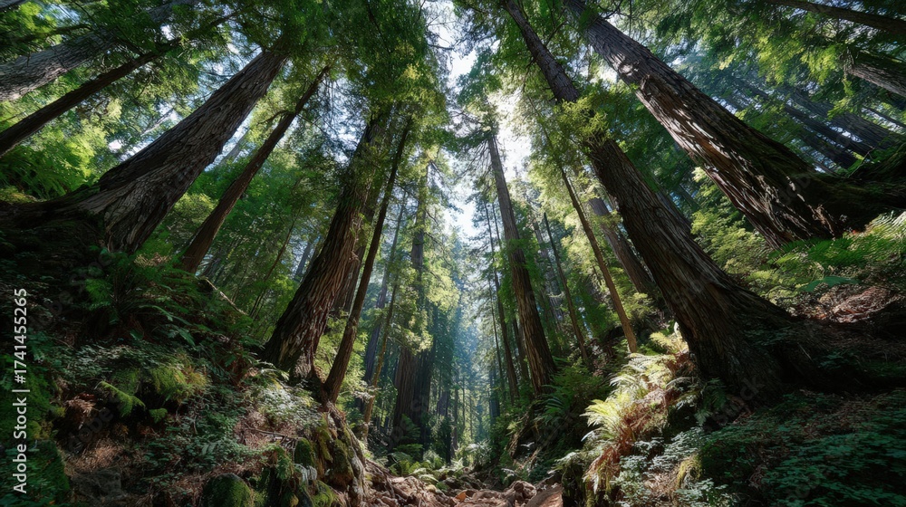 Fototapeta premium Towering ancient redwoods, sunlight filters, lush forest floor, serene nature embrace