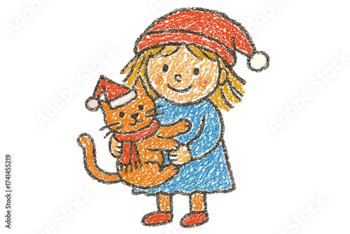 Colorful childish drawing of girl in Santa hat with a kitten made with crayons or pencils - Used in Christmas cards festive books and holiday stickers