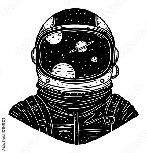 Space and Planets Double Exposure Inside Astronaut Helmet Silhouette Black and White Outline Line Art Drawing