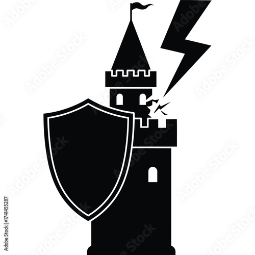 Castle Tower Hit by Lightning with Shield Protection security defense storm thunder bolt power energy strong safe insurance risk hazard