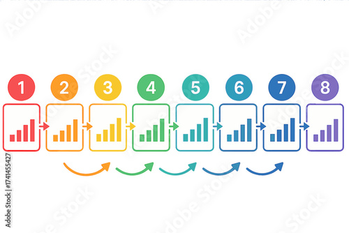 Business process chart with 8 steps. Infographic template for presentation. Abstract vector elements of a graph diagram with options. Concept for workflow, timeline, progress.