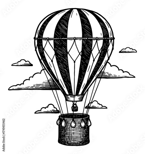Empty Hot Air Balloon Flying with Clouds Engraving Style Black and White Outline Line Art Drawing Isolated Object