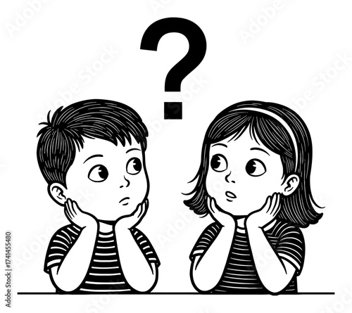 Doubtful Little Boy and Girl Thinking Question Mark Above Heads Black and White Outline Line Art Drawing