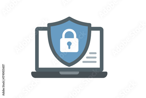 Cybersecurity concept vector. Laptop with shield and padlock. Internet security, data protection, privacy, and network safety. Antivirus or firewall protecting sensitive data.