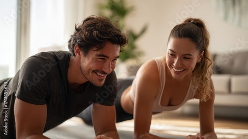 Couples workout session home gym fitness activity cozy living room side view healthy lifestyle concept