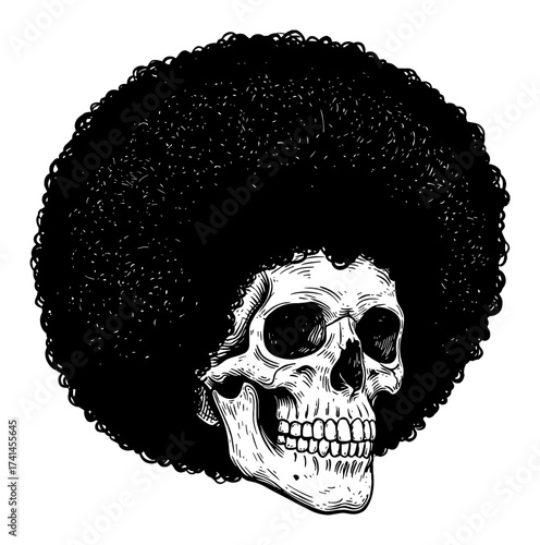 Human Skull with Afro Hairstyle Black and White Outline Line Art Drawing Vintage Engraving Style