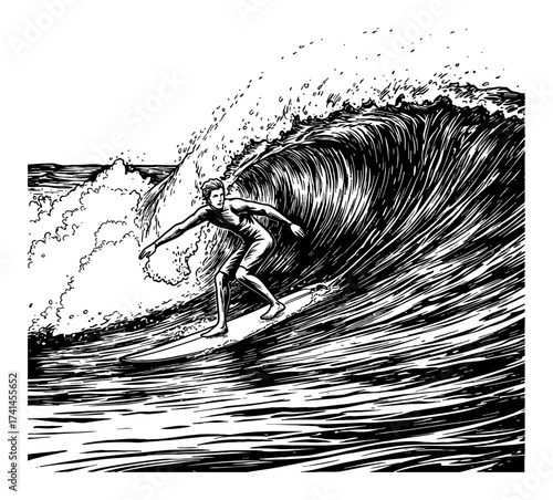 Man Surfing Big Waves Vintage Style Action Sport Black and White Outline Line Art Drawing