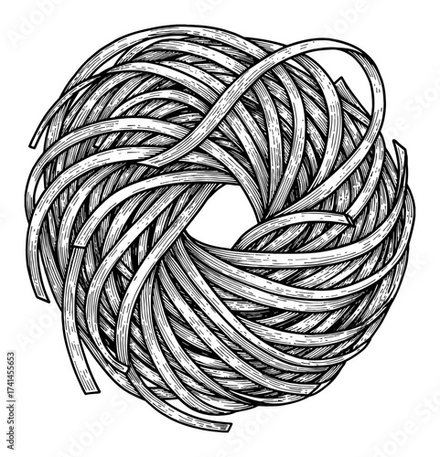 Pasta Strands Curled Layered Circular Bundle Flowing Curves Loops Vintage Black and White Outline Line Art Drawing