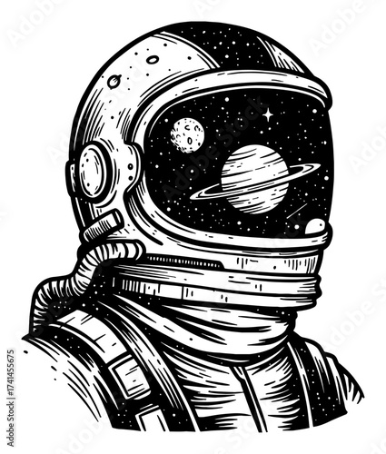 Astronaut Helmet Silhouette Space Planets Double Exposure Black and White Outline Line Art Drawing