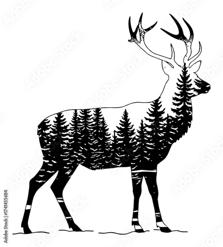 Snowy Trees Landscape Double Exposure inside Deer Silhouette Black and White Outline Line Art Drawing