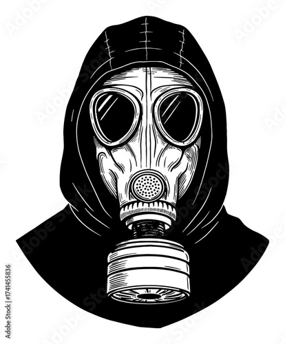 Scary Gas Mask Worn by Hooded Figure Black and White Outline Line Art Drawing Vintage Engraving Illustration