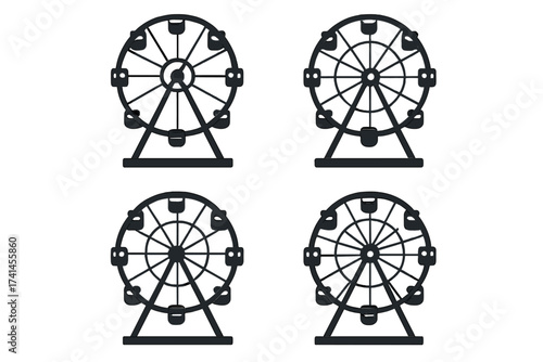 Ferris wheel icon set. Black silhouette amusement park symbol. Carnival fairground attraction graphic. Vector funfair ride for entertainment, festival, and leisure design.