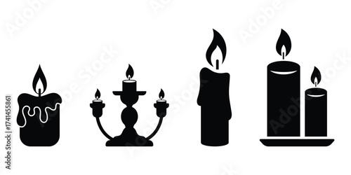 Black candle silhouettes with flames. Burning candle with dripping wax design, candle flame icon silhouette vector illustration isolated on white background.