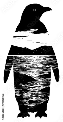Antarctica Landscape Inside Penguin Silhouette Double Exposure Black and White Outline Line Art Drawing