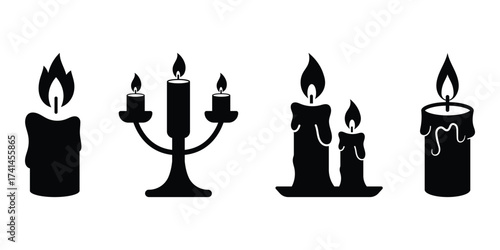 Black candle silhouettes with flames. Burning candle with dripping wax design, candle flame icon silhouette vector illustration isolated on white background.