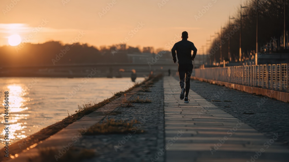 Fototapeta premium Morning run along the riverbank paris photography scenic side view fitness and health concept