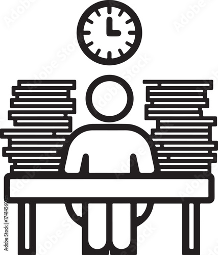 Silhouette of a person at a desk with stacks of paper and a clock overhead on a white background table