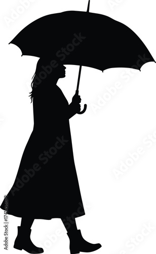 Silhouette of person with umbrella, black and white illustration, rain protection, fashion concept, long dress, coat style, posture reference