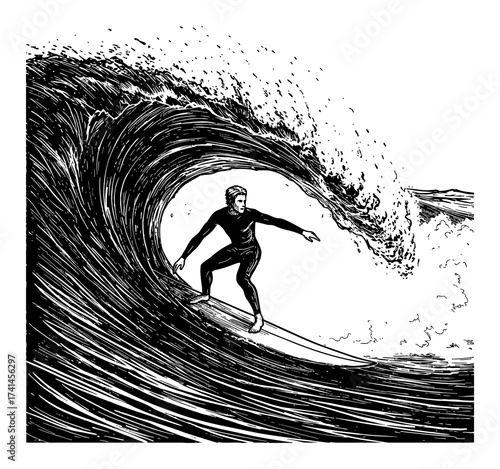 Surfer Riding Giant Barrel Wave Black and White Outline Line Art Drawing Vintage Engraving Illustration