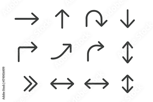 Arrow icon set. Linear universal arrows for web and mobile UI. Basic UX design element. Vector navigation pointer symbol. Direction sign for app interface. Next back.