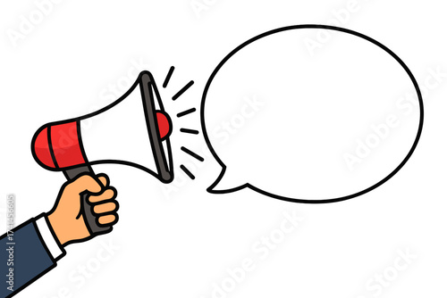 Hand holding megaphone with speech bubble. Loudspeaker for announcement, marketing, advertising. Business communication concept. Alert, message, news. Vector illustration banner.