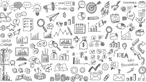 Extensive hand-drawn business doodle icons for strategy, finance, marketing, and data analysis. Perfect for presentations, websites, brochures, and in