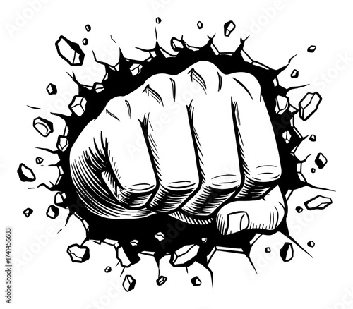 Powerful Human Fist Breaking Through a Surface Wall with Dramatic Fractures Black and White Outline Line Art Drawing