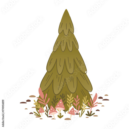 A stylized evergreen tree surrounded by colorful plants and mushrooms. The scene captures a whimsical forest atmosphere.