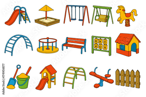 Cartoon playground icon set. Kids park equipment collection with slide, swing, sandbox. Vector illustration elements for children's activity, outdoor fun and recreation design.