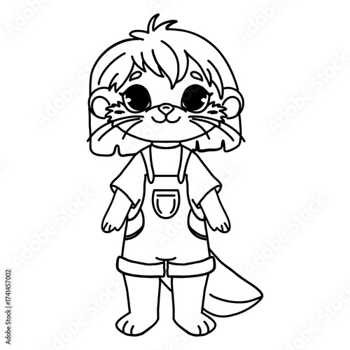 A cute cartoon character resembling an otter, with large eyes and a playful expression. The character wears a simple outfit with overalls and has a bushy tail.